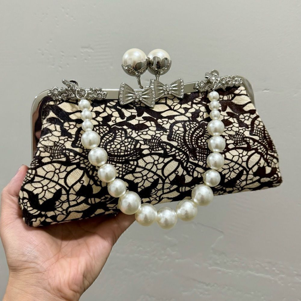 Lace Print Real hair-on-horsehide Kisslock Clutch/Wristlet Evening Bag/Crossbody